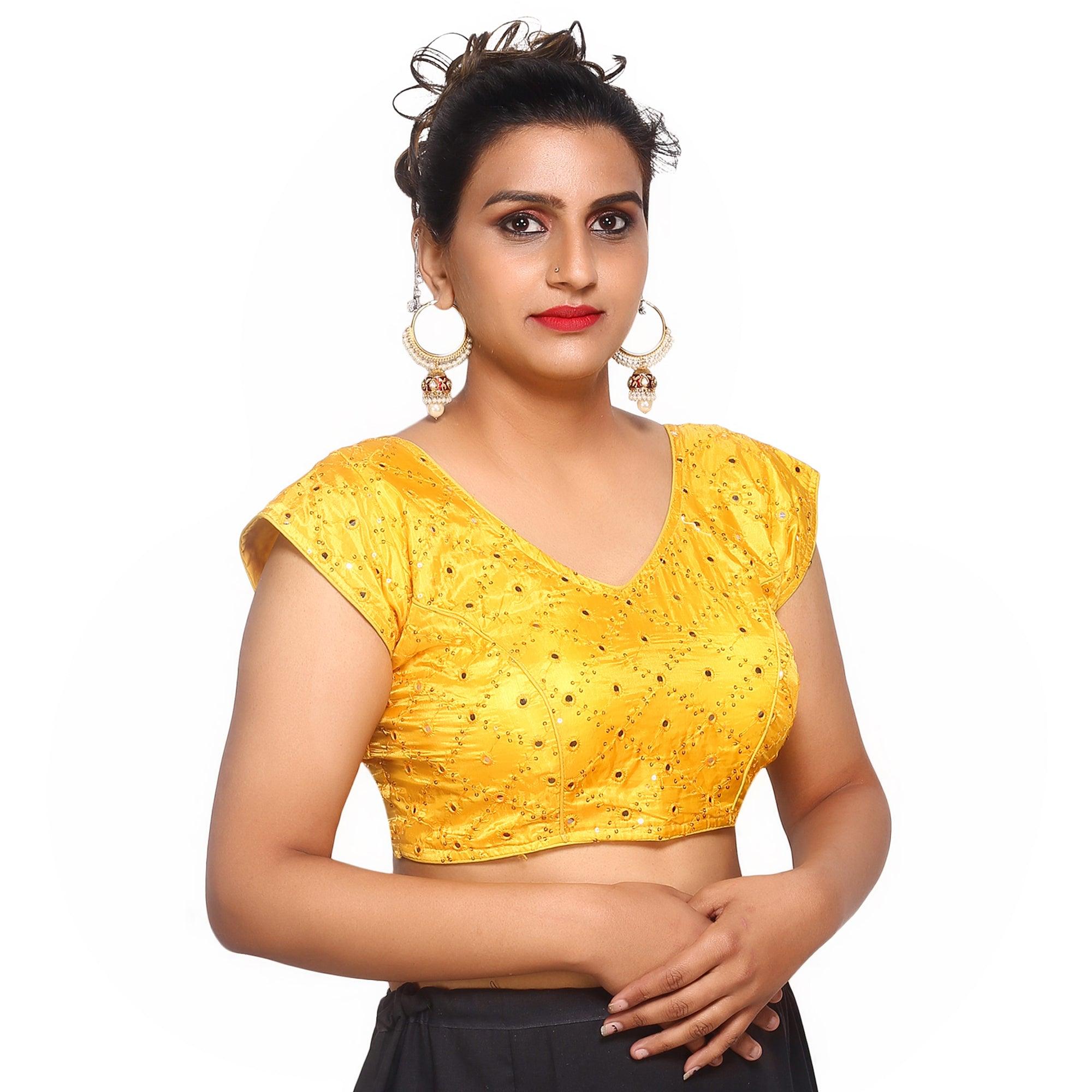 V Neck Mirror Embroidery Yellow Women Blouse