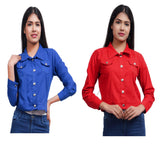 Full Sleeve Blue And Red Solid Women Jacket XXXL