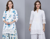 Pack of 2 Set Women Floral Print Cotton Blend Straight Kurta (Blue, White) XXXL