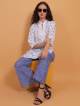 Women White & Blue Floral Printed Cotton Kurta with Blue Printed Palazzo & Side Pocket