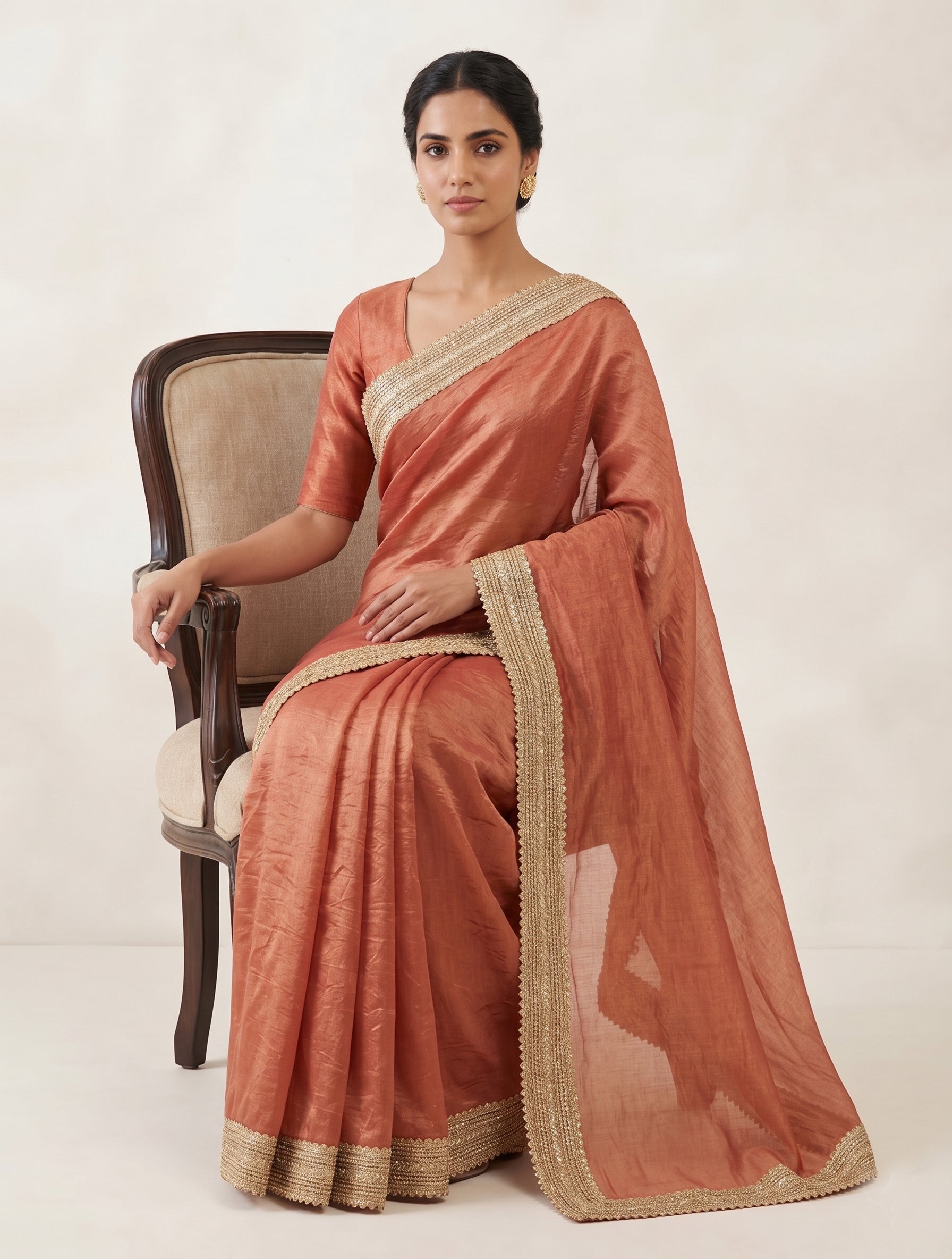 Indian women's fandy Saree - Festive Party Wear Saree with Lace Border Peach