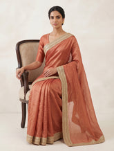 Peach Silk Blend Saree with Elegant Lace Border