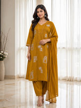 Mustard Yellow Mercerized Cotton Embroidered Kurta, Pant & Chiffon Dupatta Set