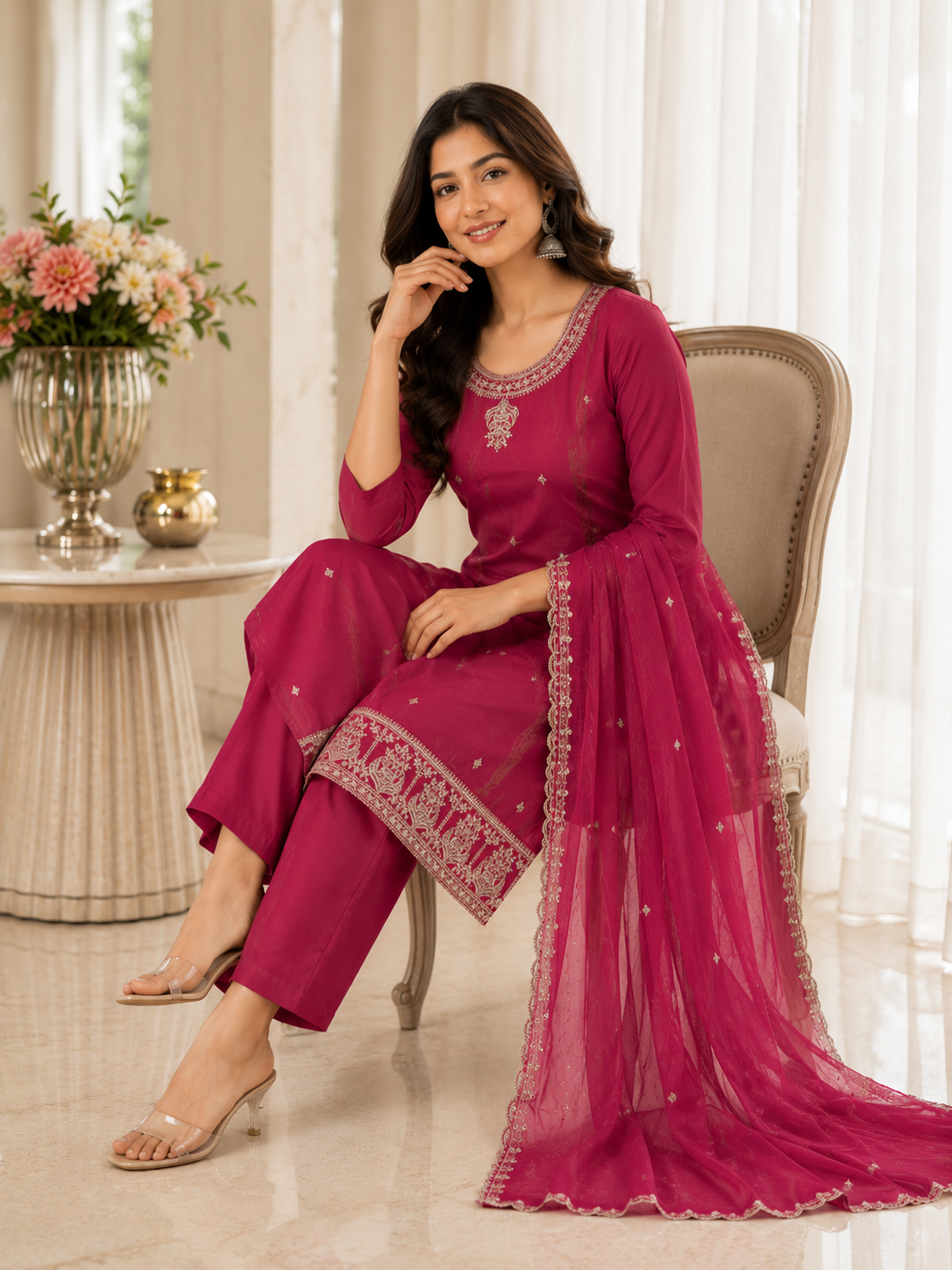 Rani Pink Mercerized Silk-Cotton Handwork Kurta, Pant & Dupatta Set