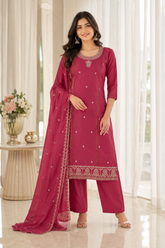 Rani Pink Mercerized Silk-Cotton Handwork Kurta, Pant & Dupatta Set
