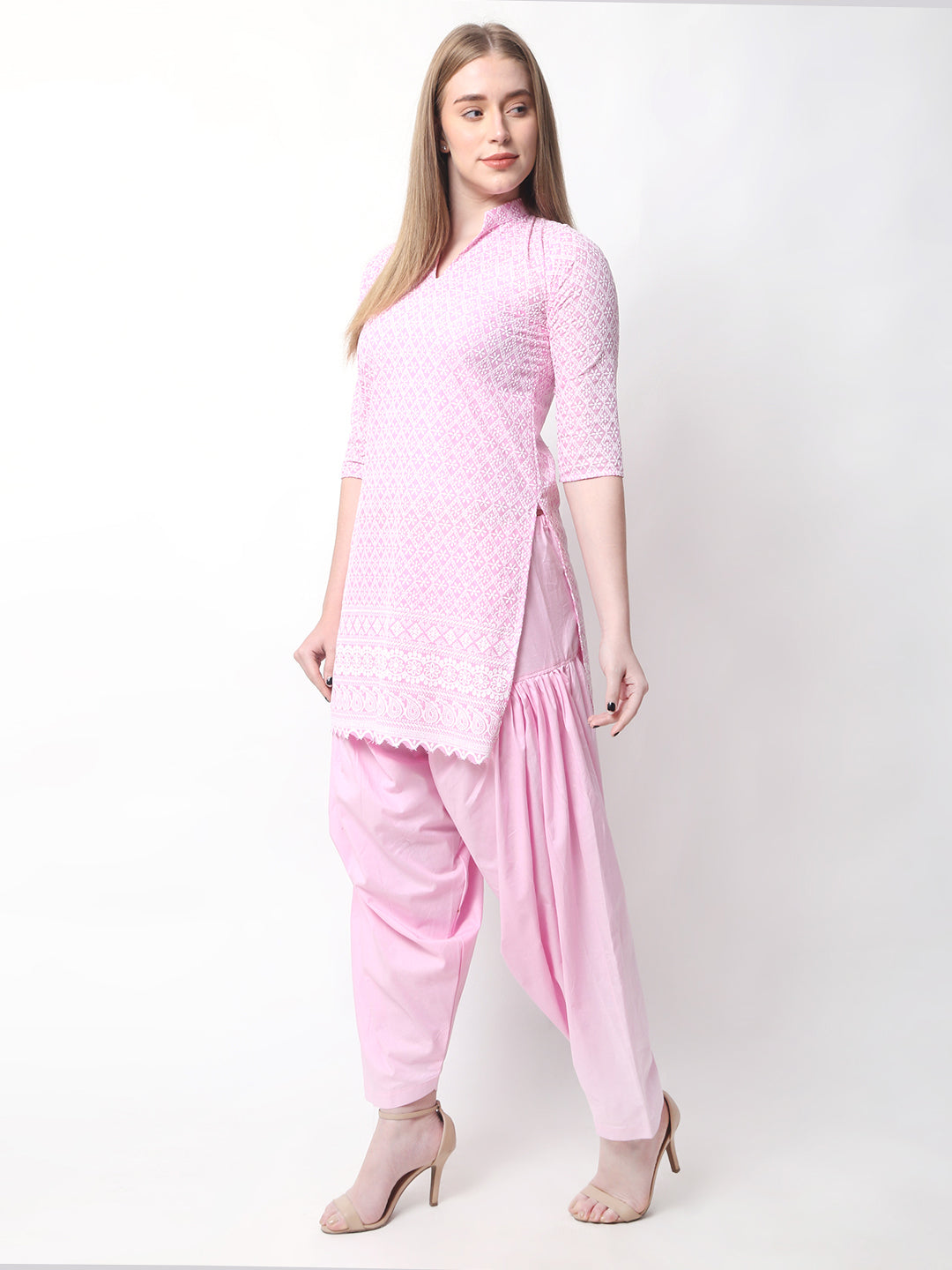 Women Chiken Embroidery Cotton Pink Kurta and Salwar Set