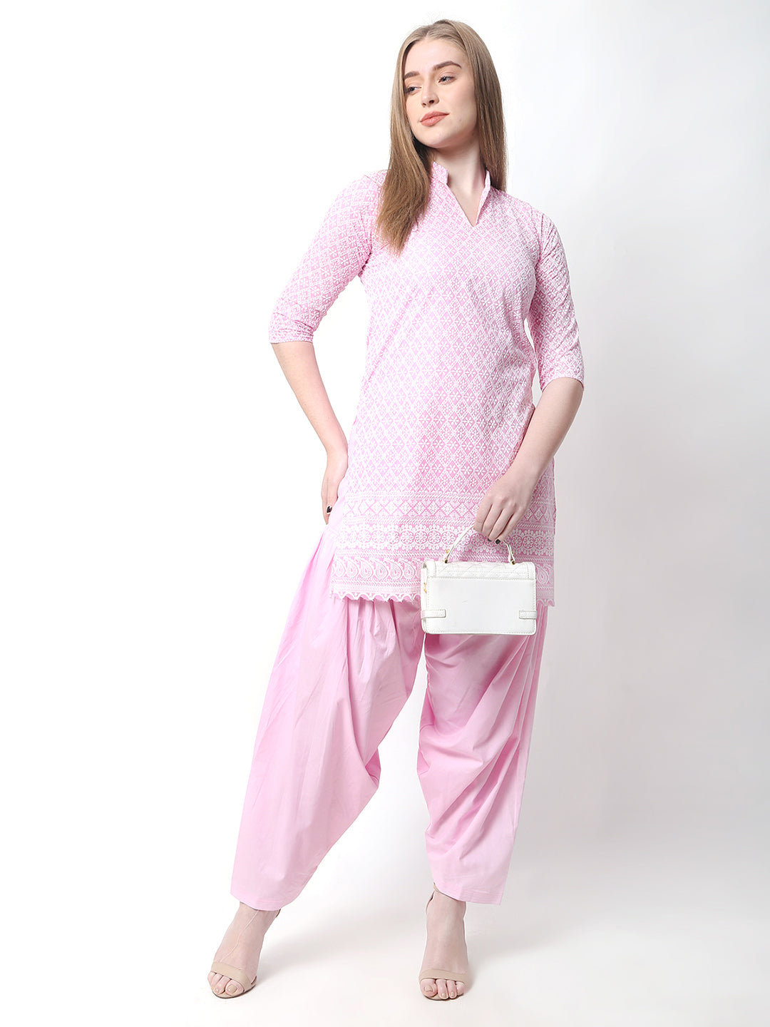 Trendzmy Women Chiken Embroidery Cotton Pink Kurta and Salwar Set