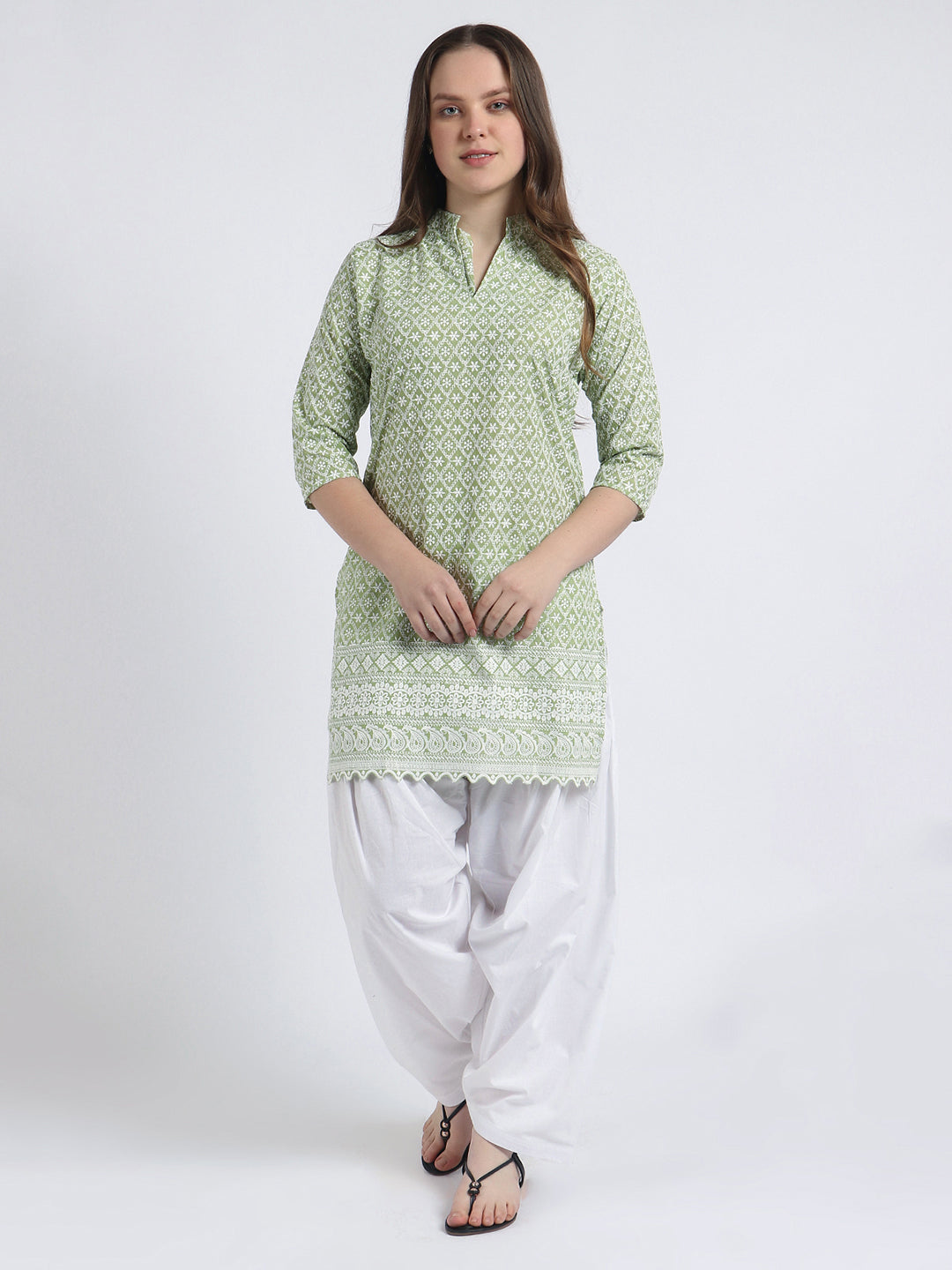 Women Chiken Embroidery Cotton Pista Green Kurta and Salwar Set