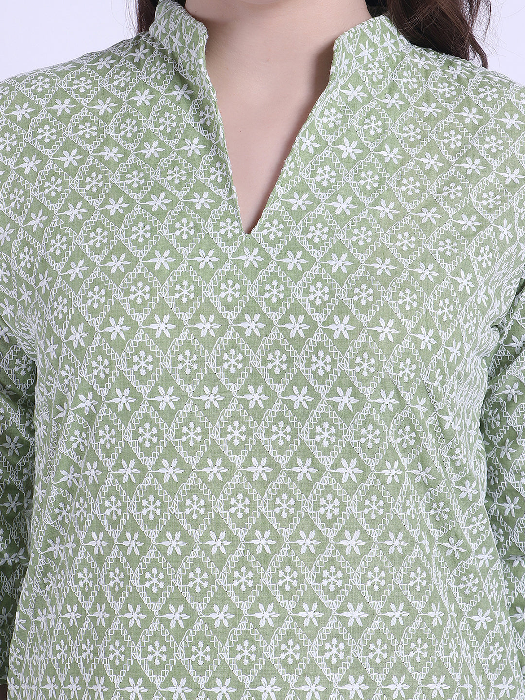 Trendzmy Women Chiken Embroidery Cotton Pista Green Kurta and Salwar Set