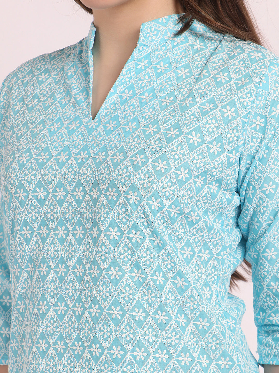 Trendzmy Women Chiken Embroidery Cotton Sky Blue Kurta and Salwar Set