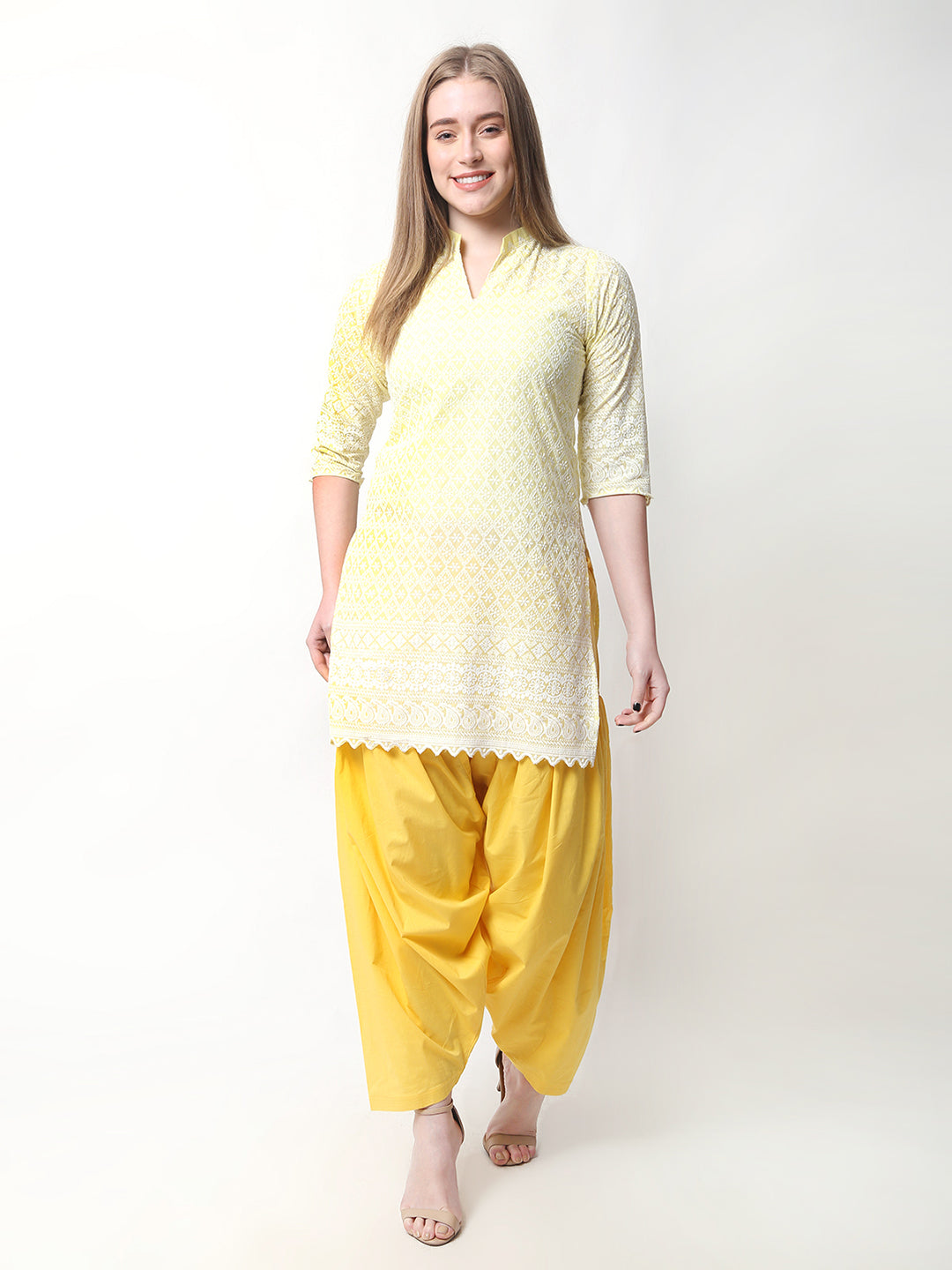 Women Chiken Embroidery Cotton Yellow Kurta and Salwar Set XXXL