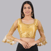 Round Neck Embroidered Golden Women Blouse Gold
