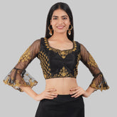 Round Neck Embroidered Black Women Blouse Black