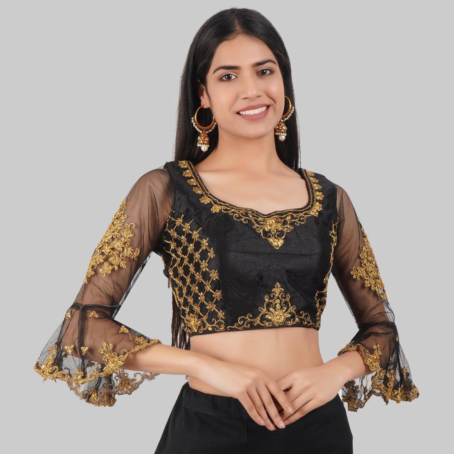 Trendzmy Round Neck Embroidered Black Women Blouse