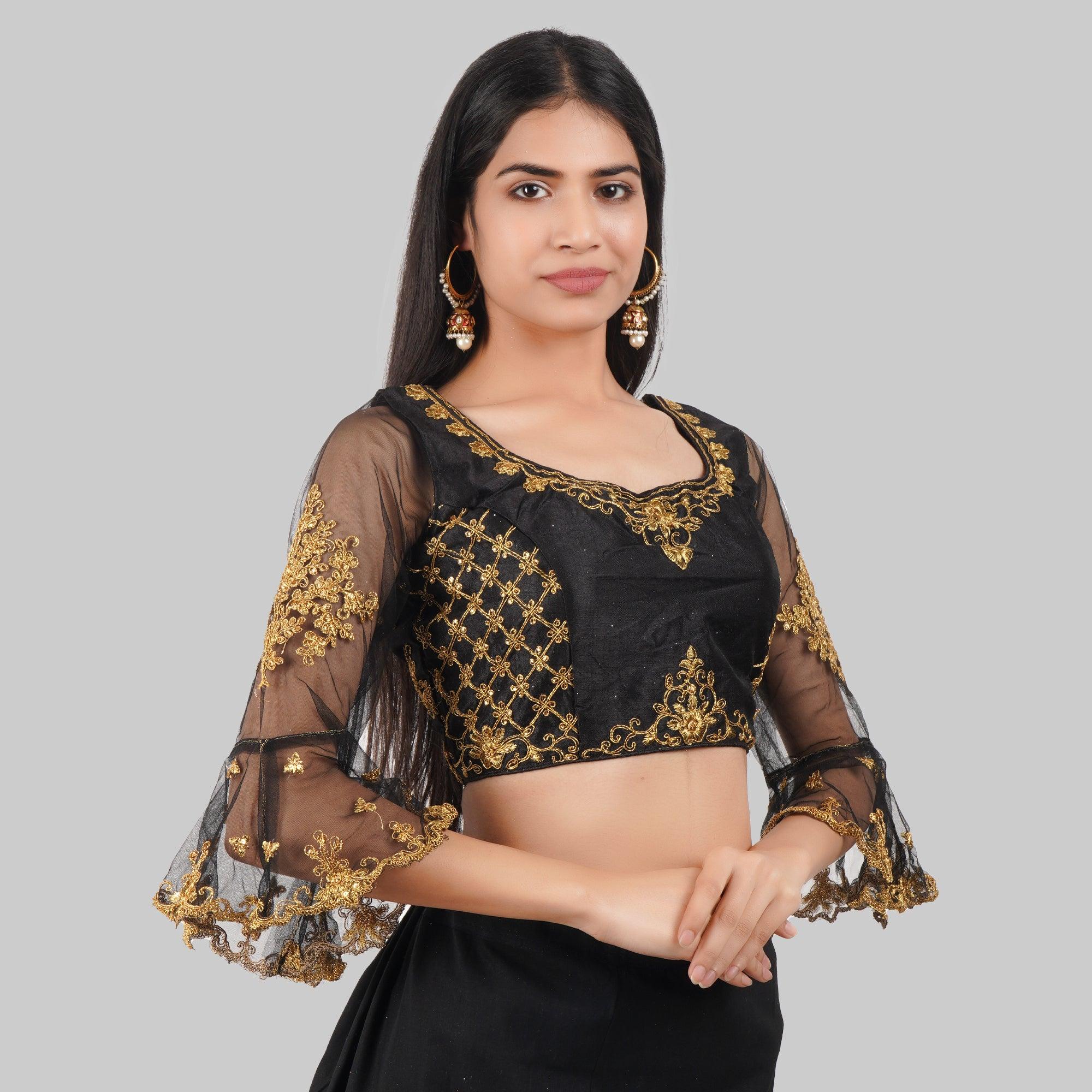 Round Neck Embroidered Black Women Blouse