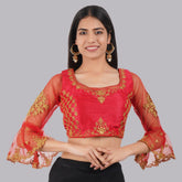 Round Neck Embroidered Red Women Blouse Red