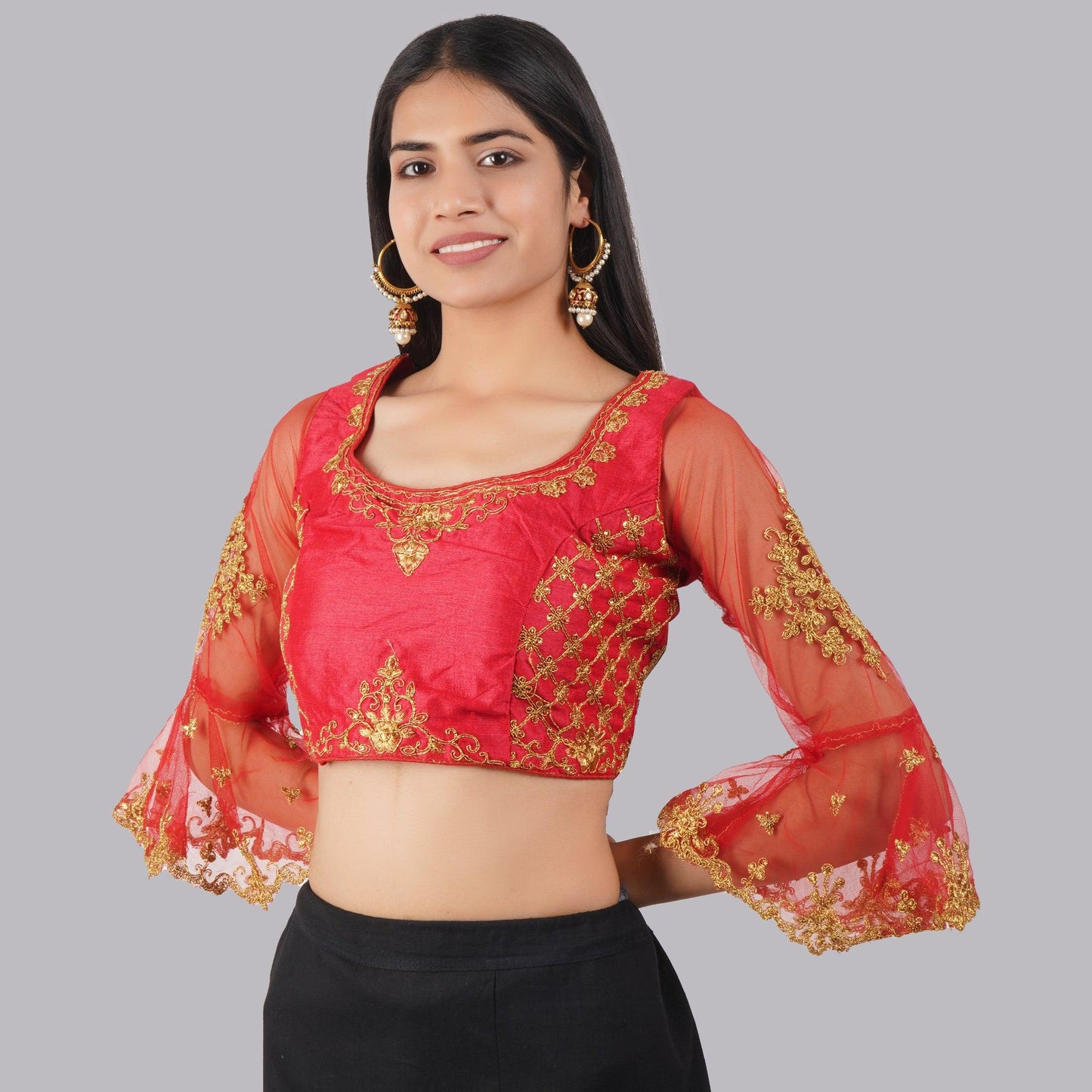 Trendzmy Round Neck Embroidered Red Women Blouse
