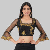 Round Neck Embroidered Black Women Blouse Black