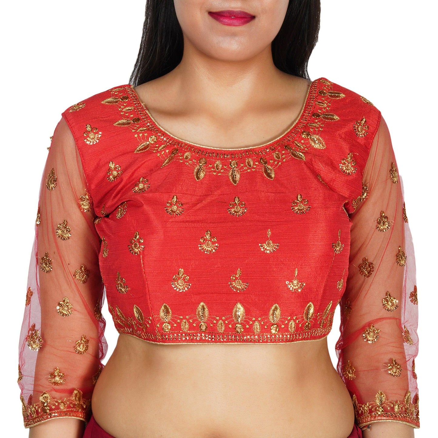 Trendzmy Round Neck Machine Embroidery Red Women Blouse