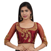 Round Neck Embroidered Maroon Women Blouse Maroon
