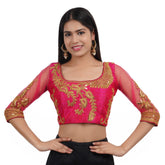 Round Neck Embroidered Rani Pink Women Blouse Rani Pink