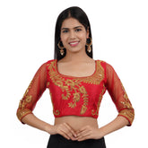 Round Neck Embroidered Red Women Blouse Red