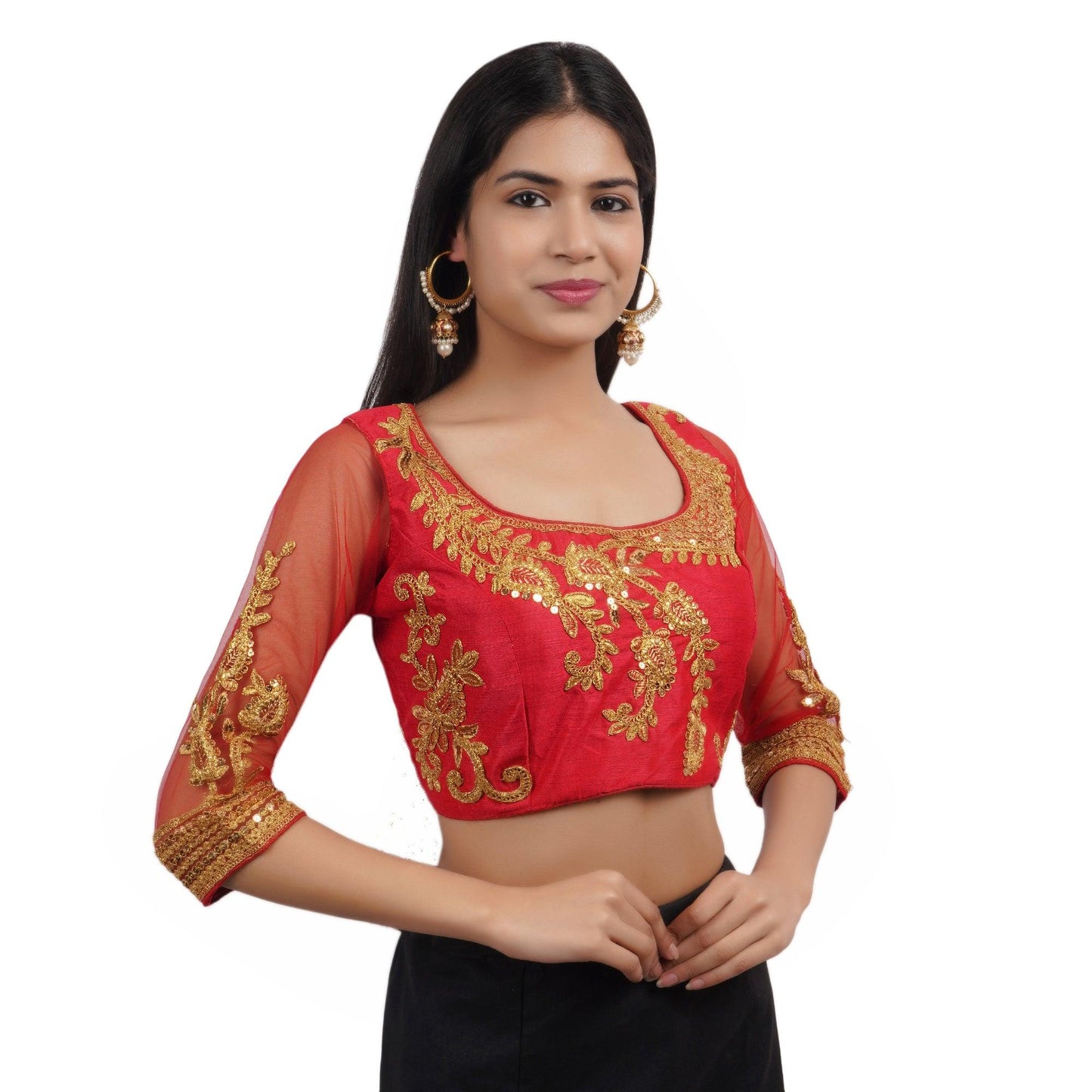 Trendzmy Round Neck Embroidered Red Women Blouse