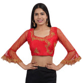 Round Neck Embroidered Red Women Blouse Red