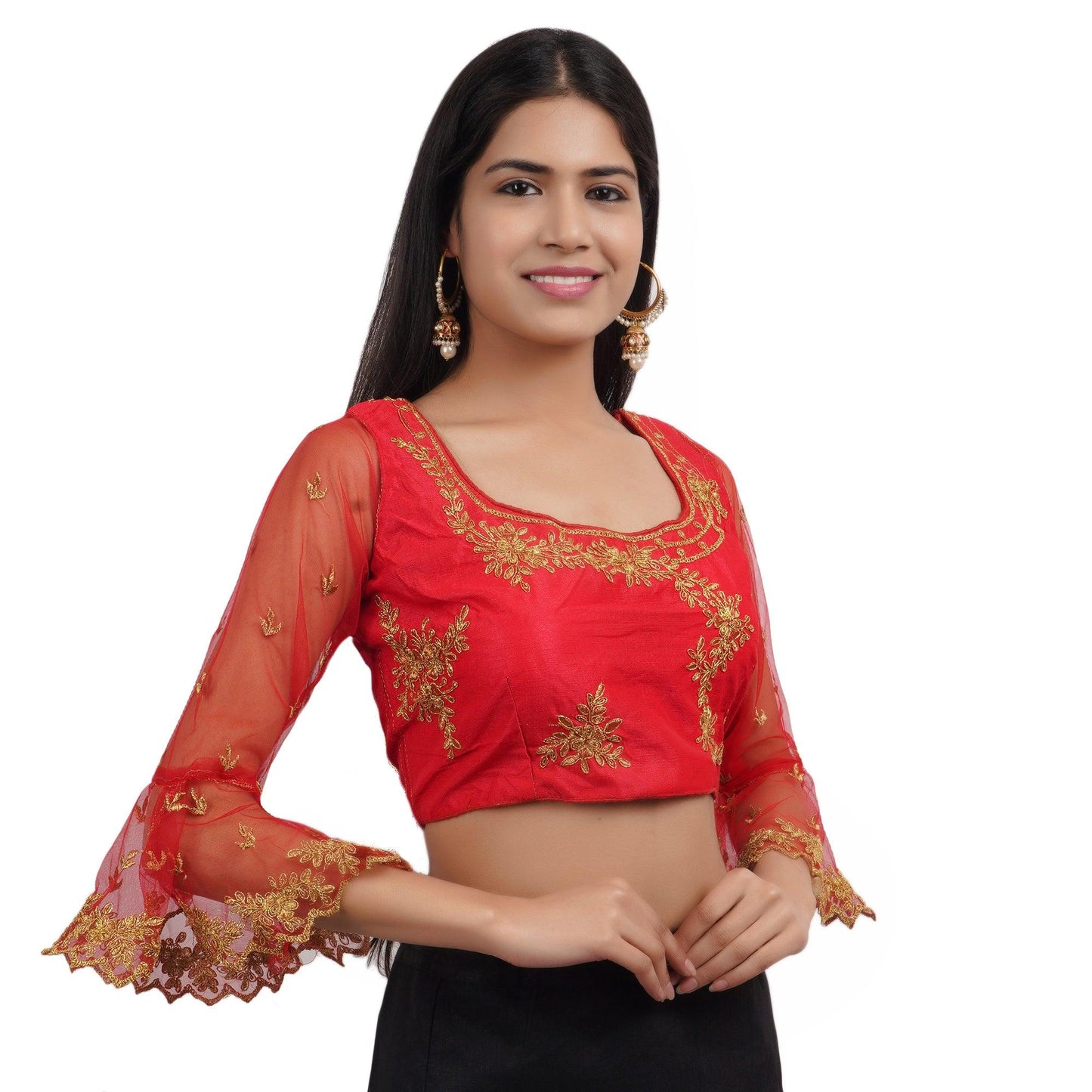 Trendzmy Round Neck Embroidered Red Women Blouse