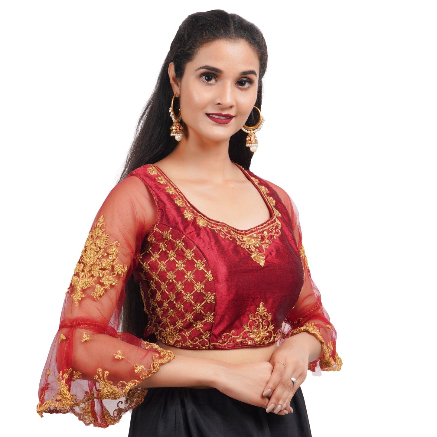 Trendzmy Square Neck Embroidered Maroon Women Blouse