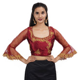 Round Neck Embroidered Maroon Women Blouse Maroon