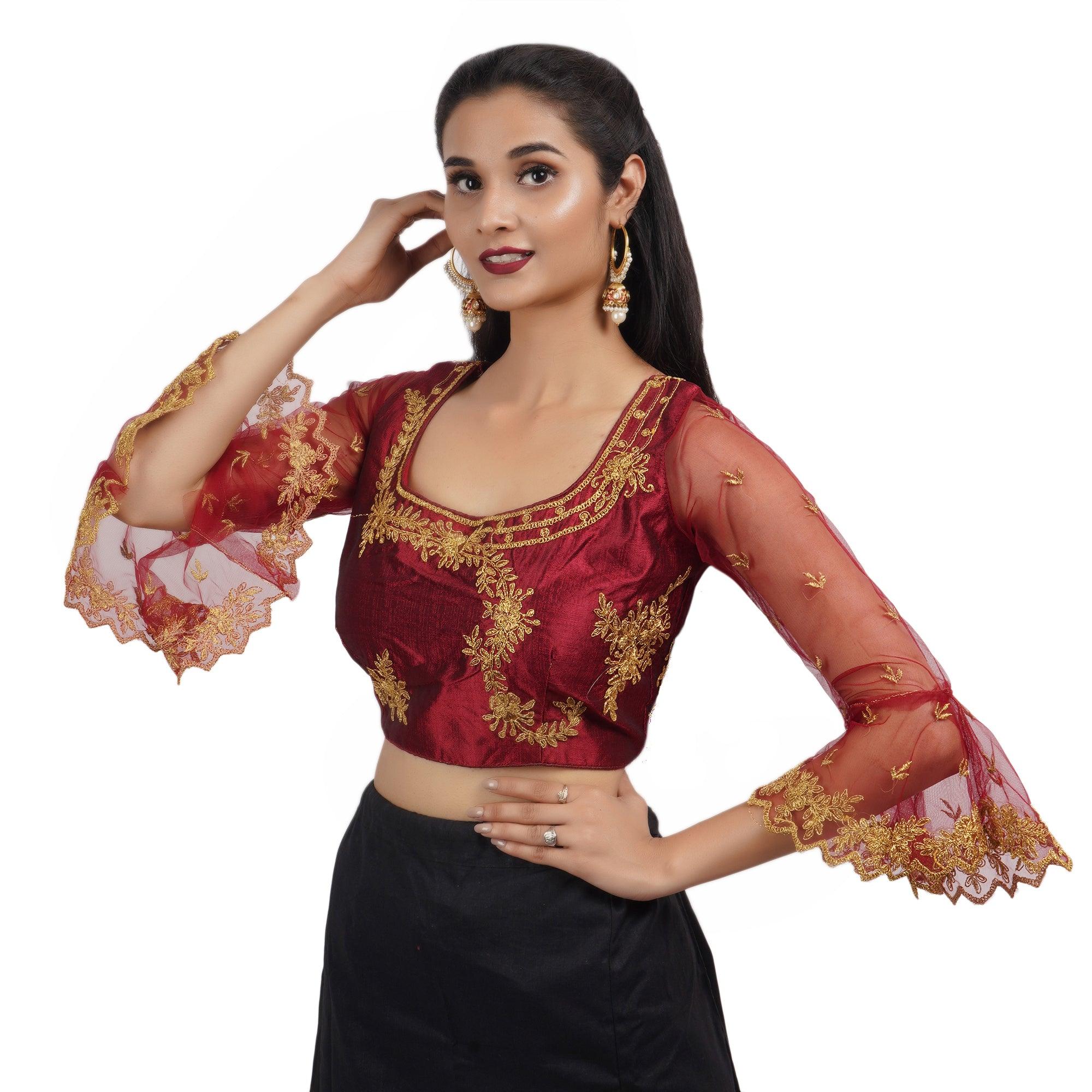 Round Neck Embroidered Maroon Women Blouse