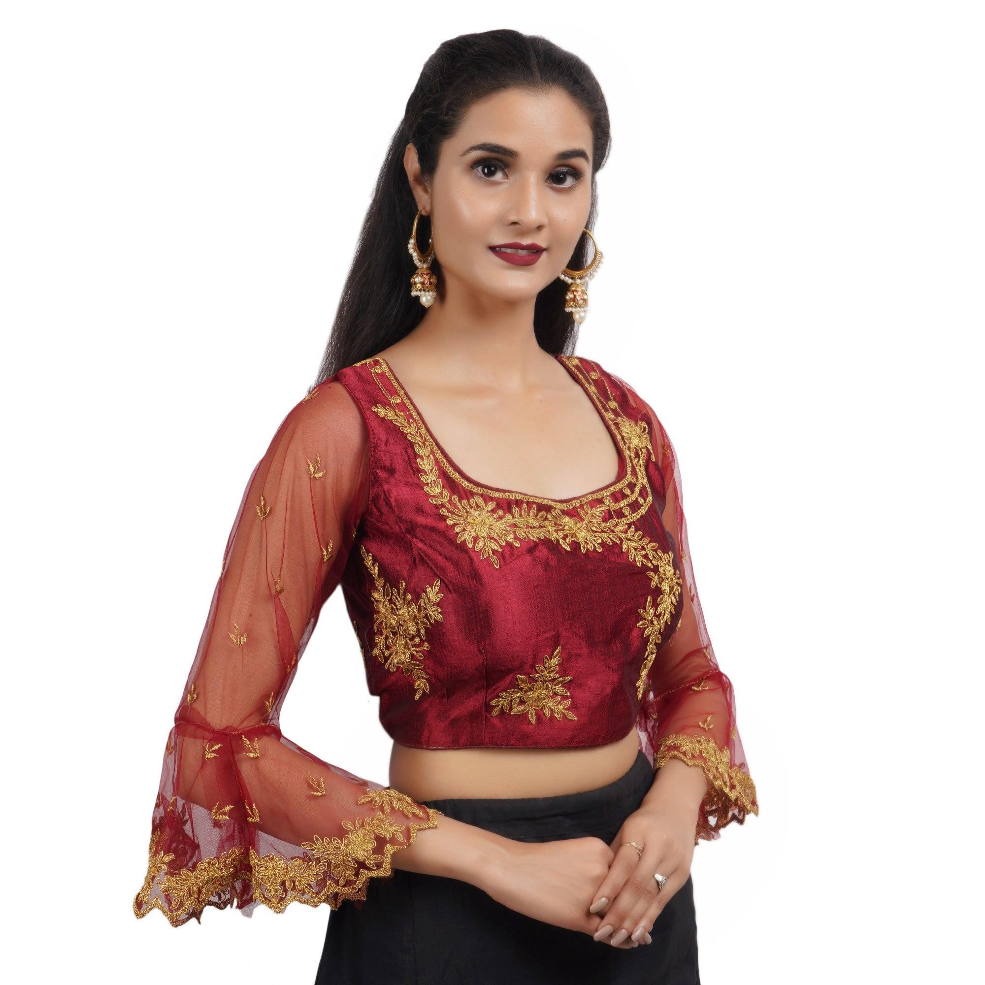 Round Neck Embroidered Maroon Women Blouse