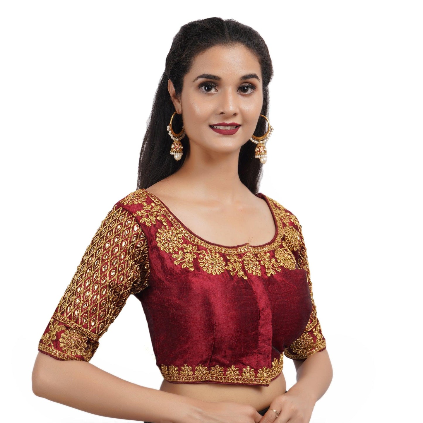 Trendzmy Round Neck Embroidered Maroon Women Blouse