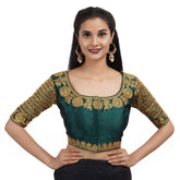 Round Neck Embroidered Dark Green Women Blouse Green