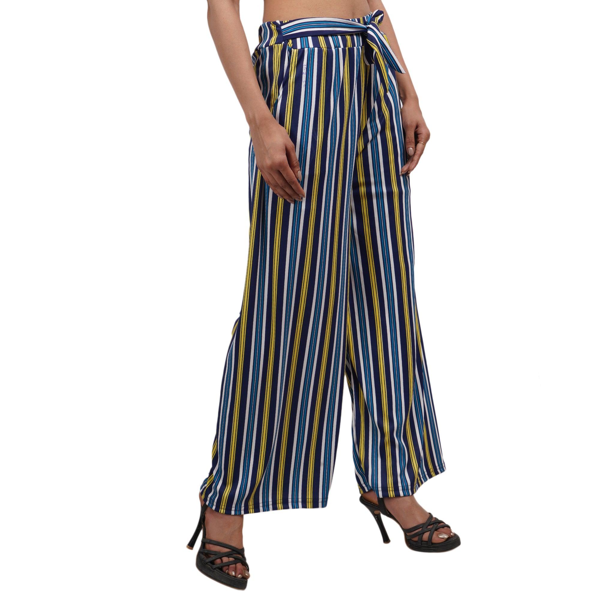 Woman's Rayon Strip Blue Yellow Palazzo