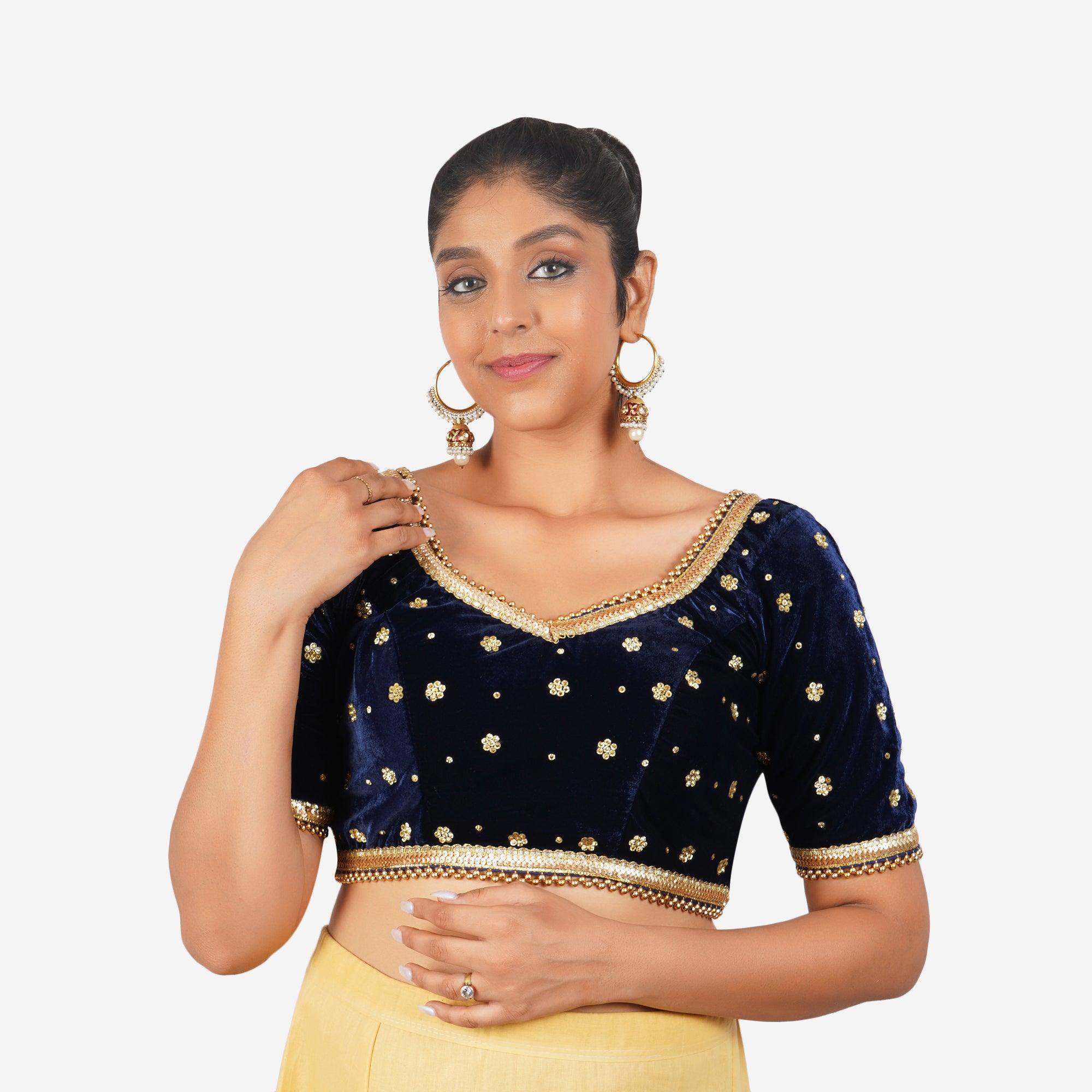 Women Velvet Navy Lace Work Readymade Blouse Default Title