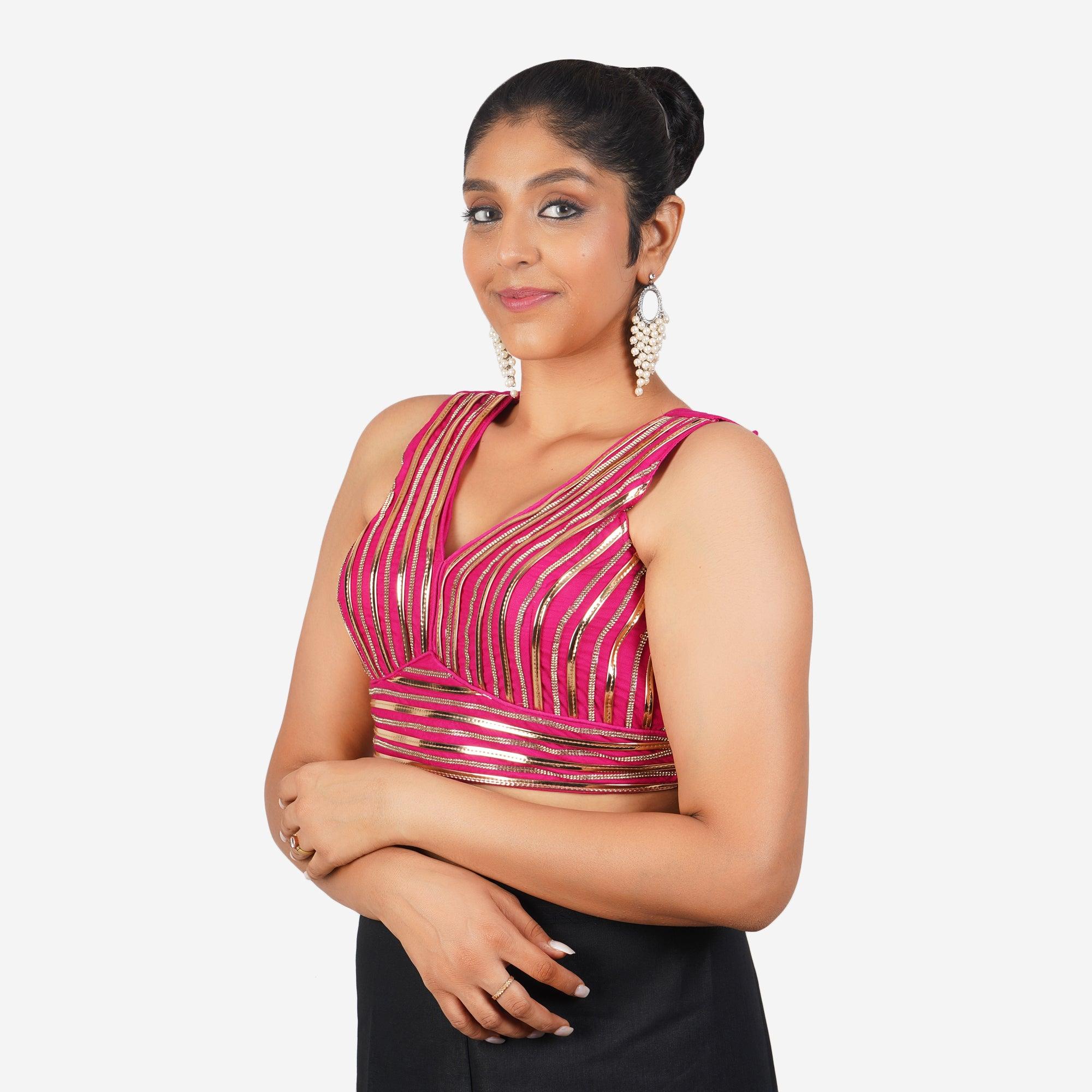 Women Rani Pink V Neck Elegant Work Readymade Blouse