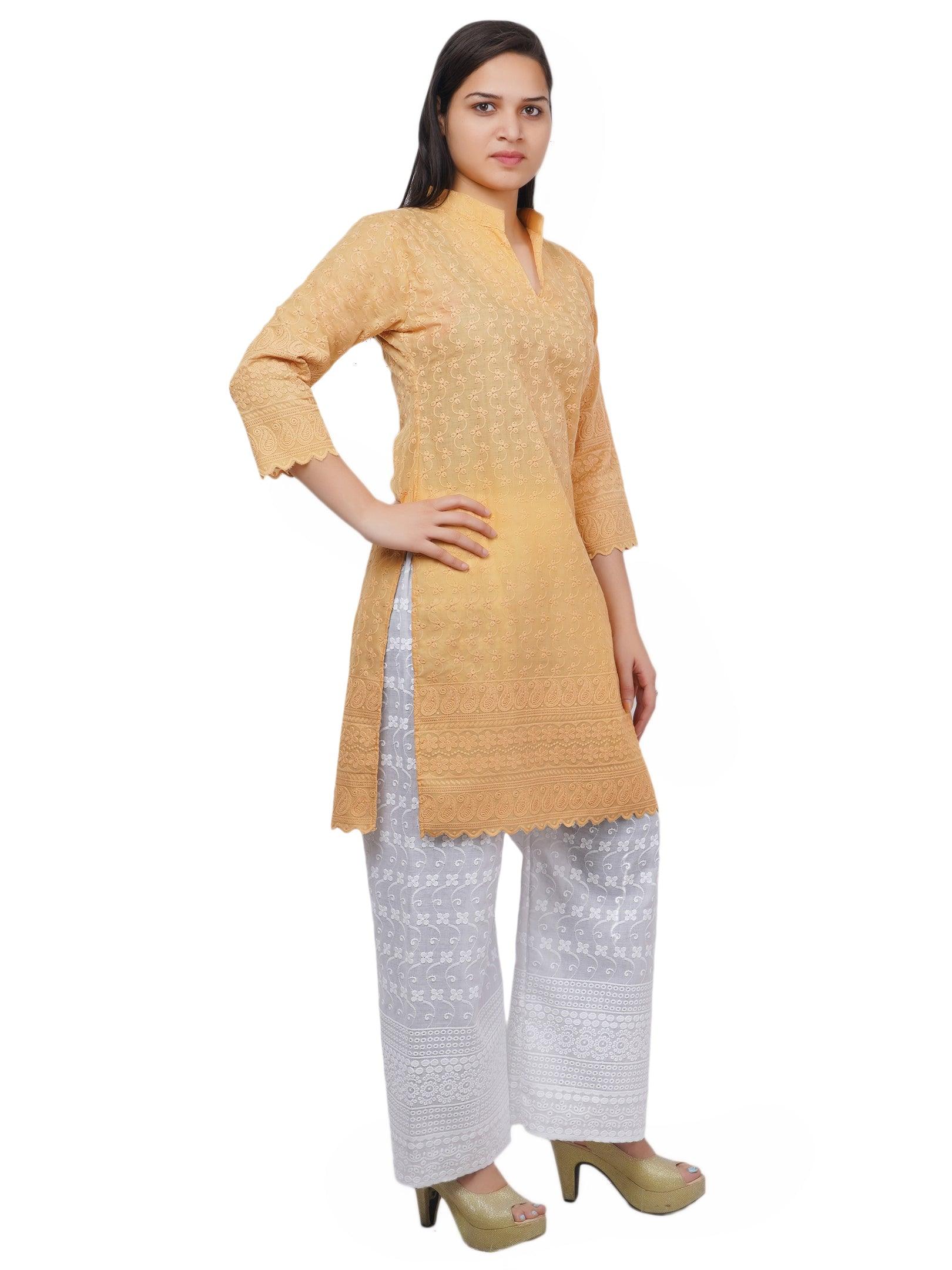 Women Beige Kurta and Palazzo Set Pure Cotton