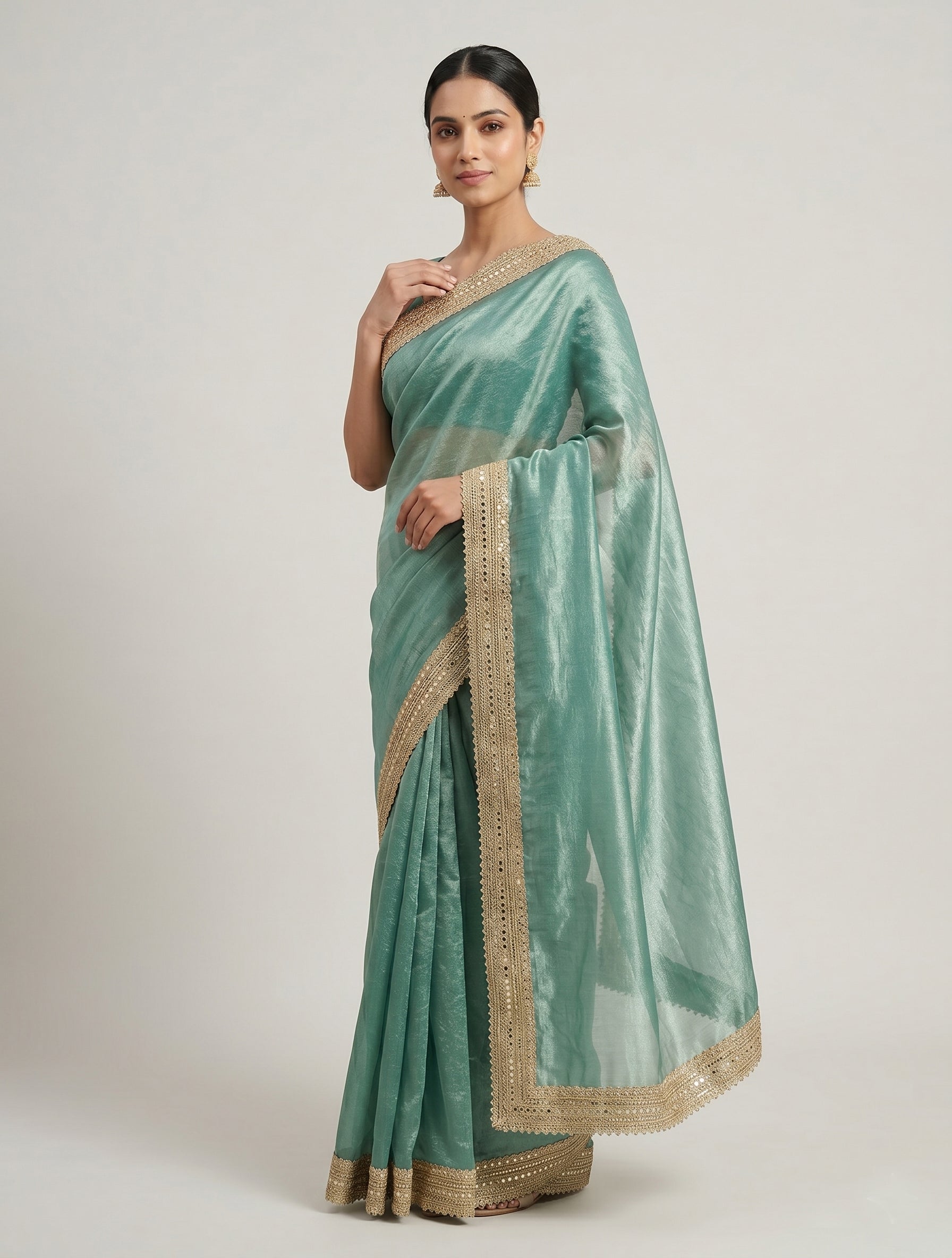 Premium Sea Green Organza Saree with Designer Embroidered Lace Border