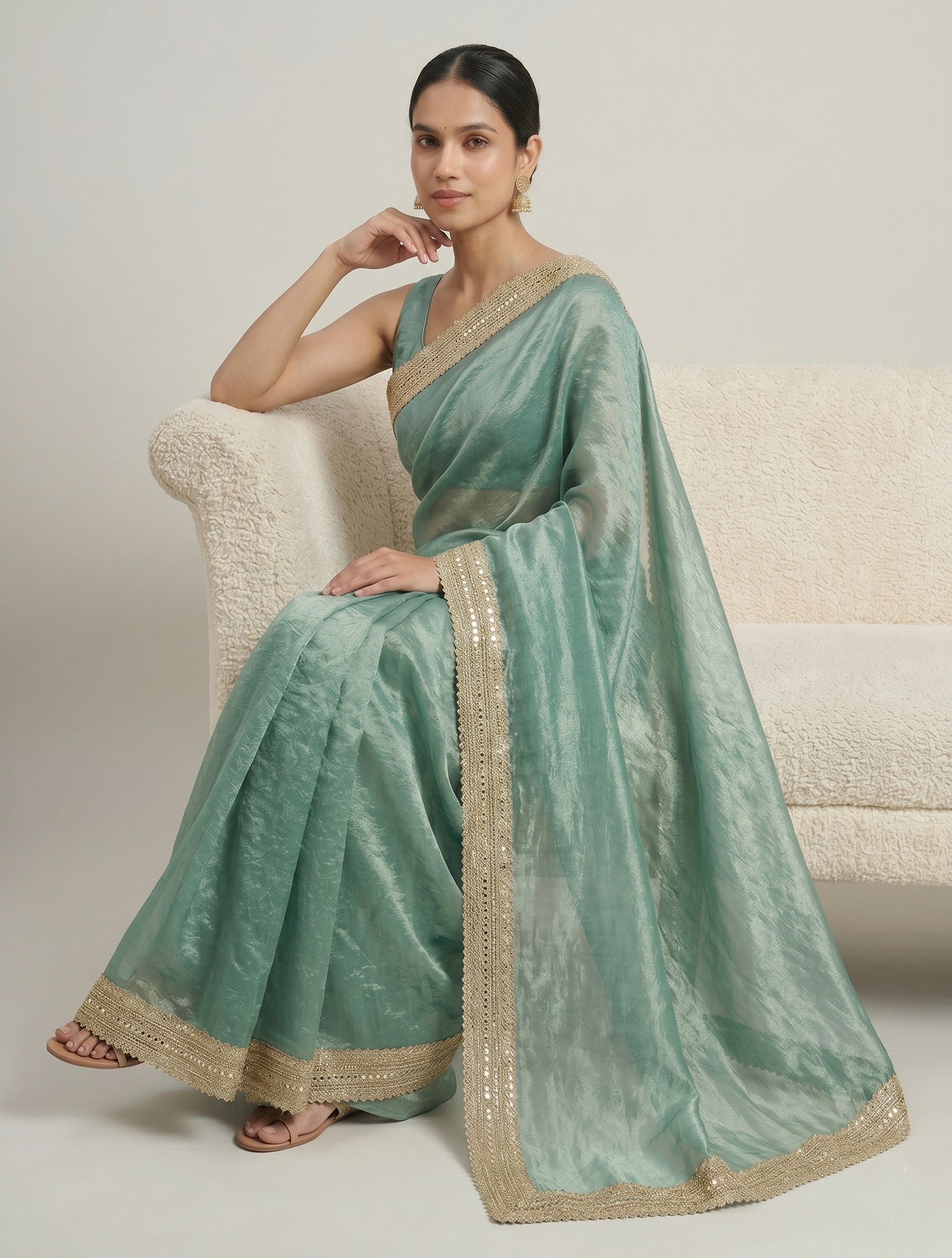 Indian women's fandy Saree - Festive Party Wear Saree with Lace Border Light Blue