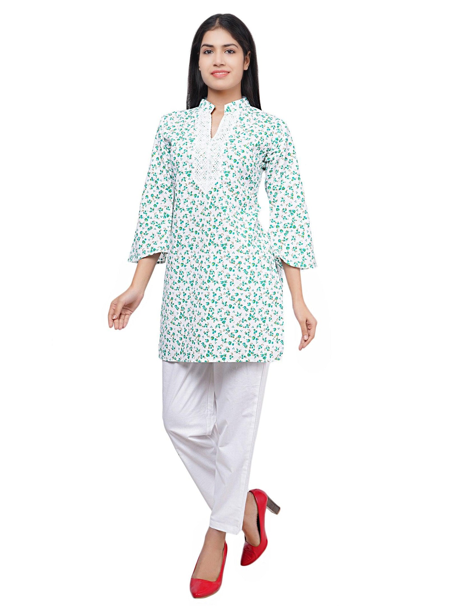 Trendzmy Women Green and Red White Floral Print Pure Cotton Straight Kurta Pack Of 2