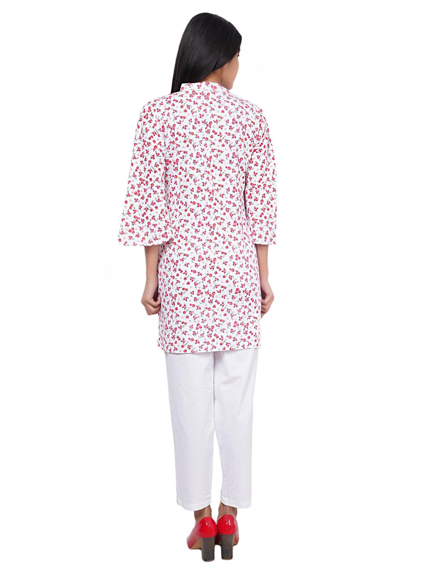 Trendzmy Women White and Red Floral Printed Straight Kurta