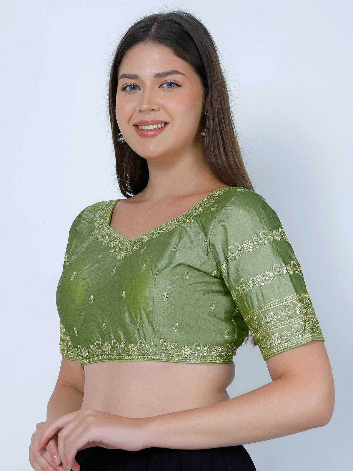 booty work Light Mehndi Cotton Silk Blouse