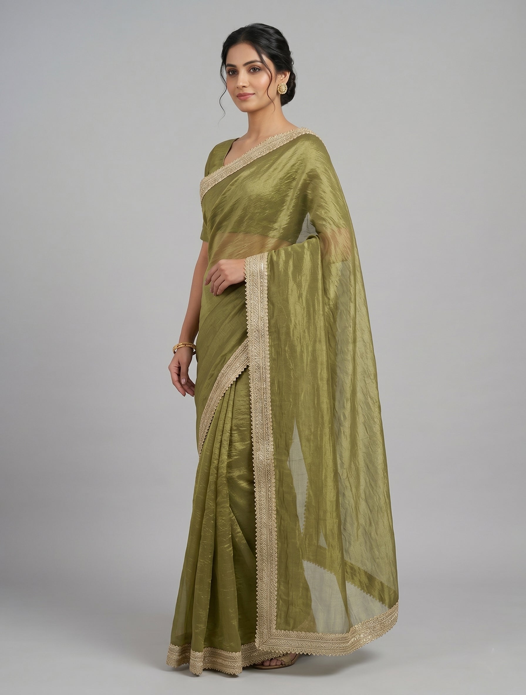 Elegant Olive Green Organza Saree with Embroidered Lace Border