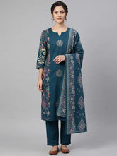 Women's Teal Blue Printed Pure Cotton Kurta Set with Dupatta – Premium Breathable & Comfortable 3-Piece Ethnic Suit XL