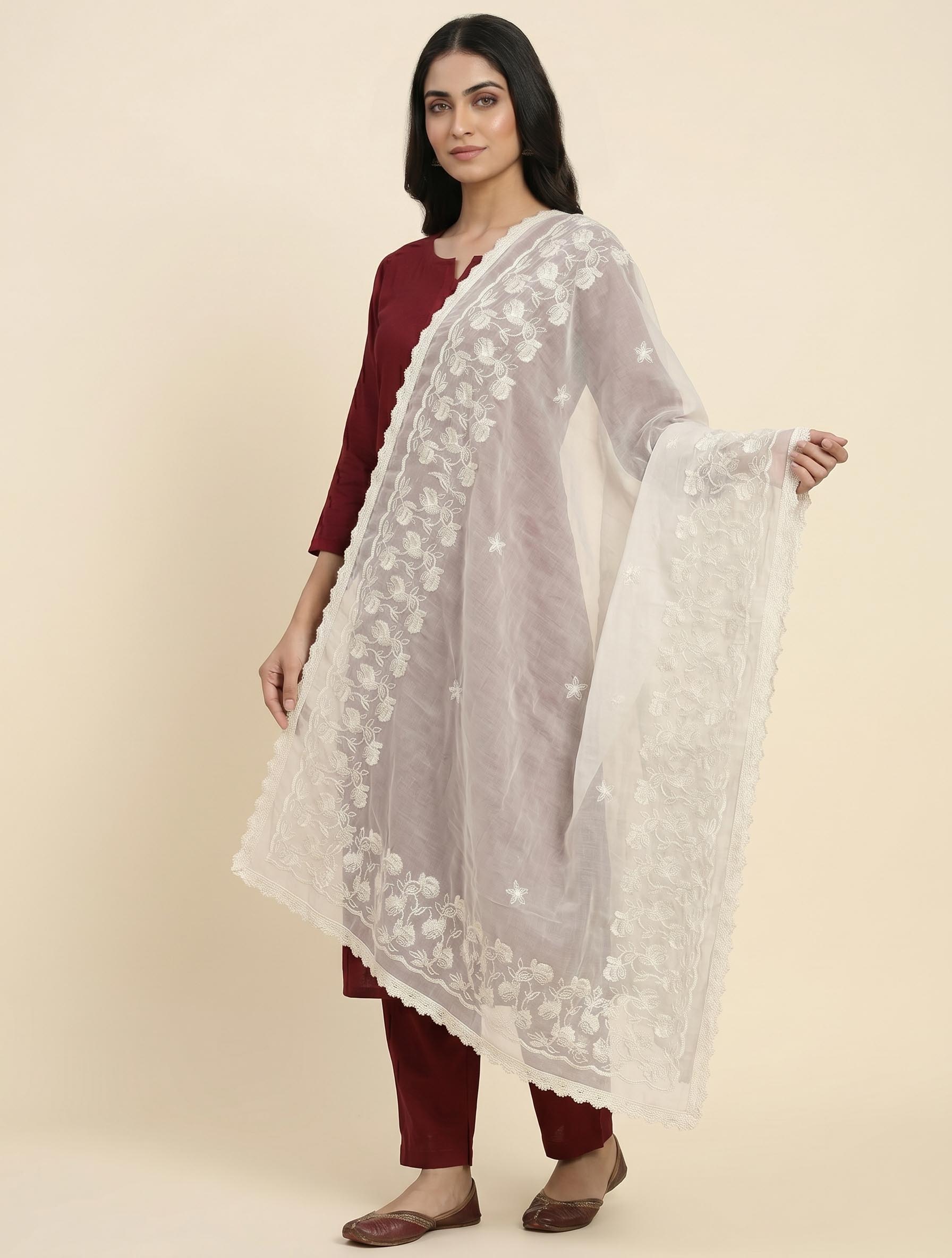 Graceful Cream Cora Pure Cotton Dupatta with Floral Panel Thread Embroidery and Star Butis