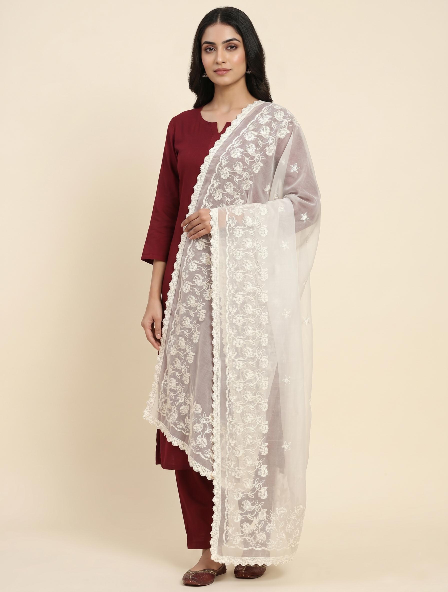 Graceful Cream Cora Pure Cotton Dupatta with Floral Panel Thread Embroidery and Star Butis