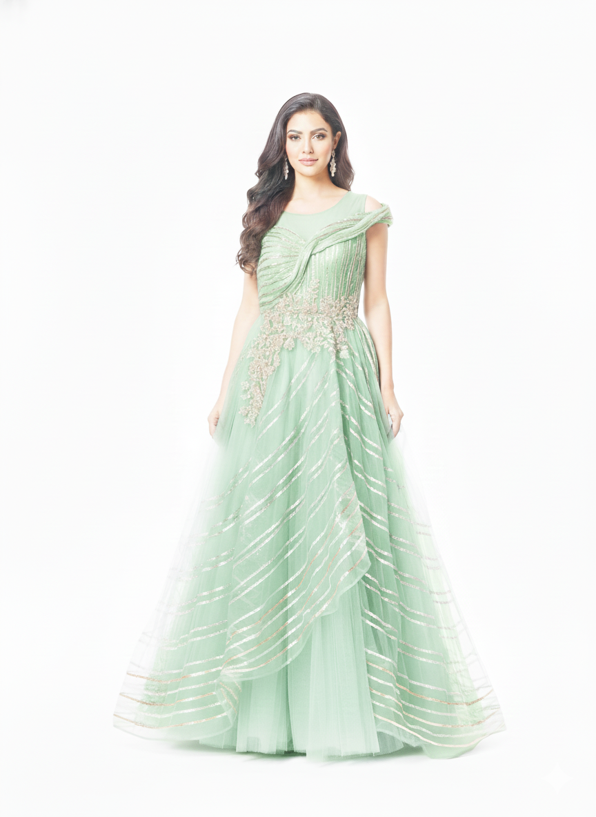 Mint Green Net Gown with Ruffle Dupatta-Style Sleeves & Sequin Embellishment