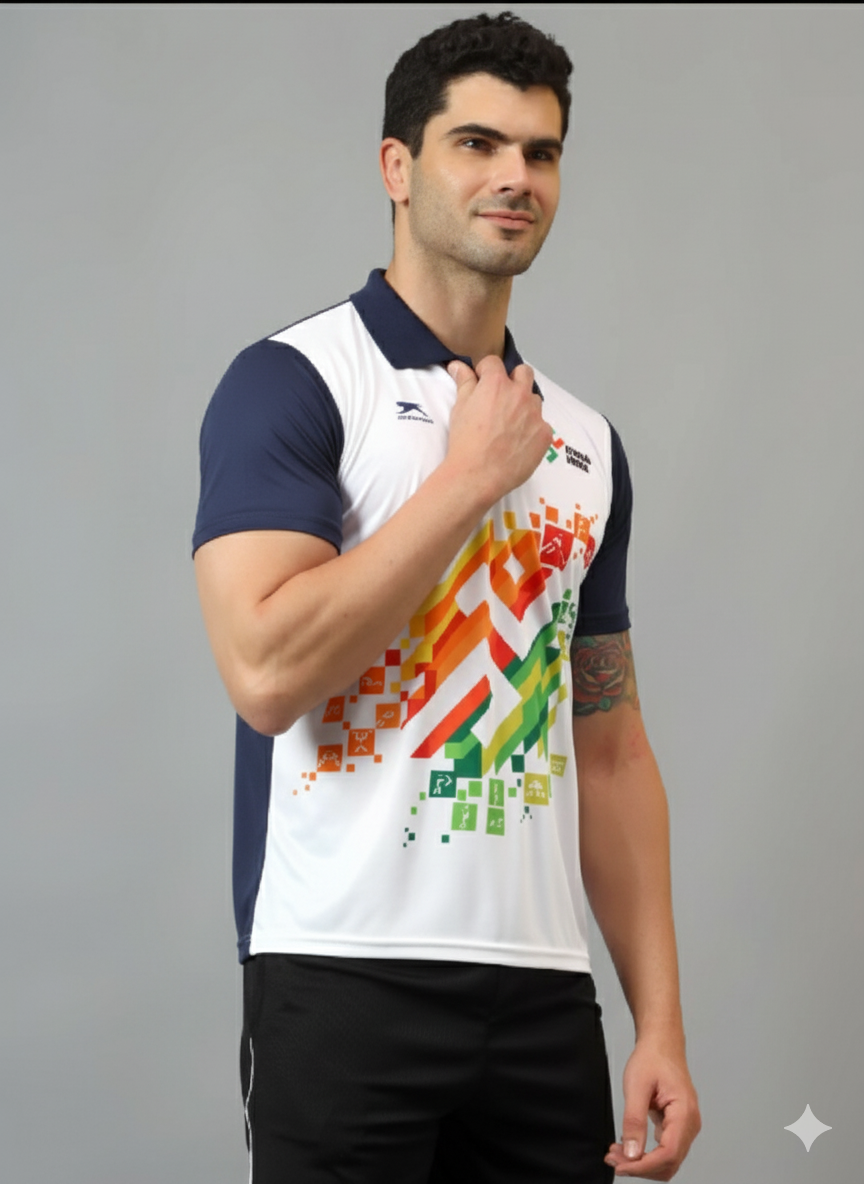 Shiv Naresh Men’s Sports Polo T-Shirt | Front Print Khelo india| Breathable Quick Dry Fabric | Plain Back | Athletic Fit Activewear